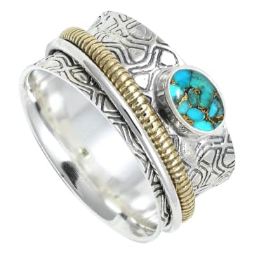 SILVERNROCK Laborgezüchteter blauer Kupfertürkis Edelstein Spinner Ring 925 Sterling Silber Meditationsring Männer und Frauen Schmuck ERG1211BI13_(59 (18.8)) von SILVERNROCK