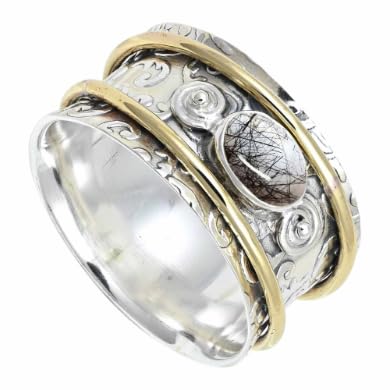 SILVERNROCK Laborgezüchteter schwarzer Rutilquarz-Edelstein-Spinnerring, 925er Sterlingsilber, Meditationsring für Männer und Frauen ERG1212BL10_(56 (17.8)) von SILVERNROCK
