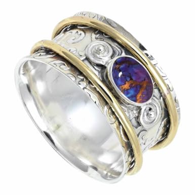 SILVERNROCK Laborgezüchteter violetter Kupfertürkis Edelstein Spinner Ring 925 Sterling Silber Meditationsring Männer und Frauen Schmuck ERG1212BK24_(70 (22.3)) von SILVERNROCK