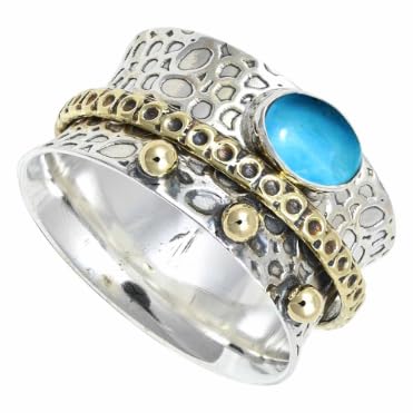 SILVERNROCK Türkis im Labor gezüchtet Edelstein Spinner Ring 925 Sterling Silber Meditationsring Männer und Frauen handgefertigter Schmuck ERG1213BT17_(63 (20.1)) von SILVERNROCK