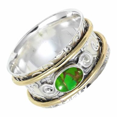 SILVERTROVE Laborgezüchteter grüner Kupfertürkis-Edelstein-Spinnerring, 925er Sterlingsilber Meditationsring für Männer und Frauen alle Größen, handgefertigter Schmuck CRG1212BJ12_(58 (18.5)) von SILVERTROVE