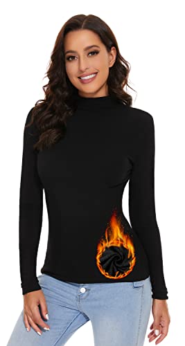 SIMIYA Basic Damen Thermo Rollkragenshirt: Slim Fit Thermounterwäsche Oberteil mit Plüschfutter Kuscheliger Langarmshirt Top Pullover Mock-Ausschnitt(Schwarz,XXL) von SIMIYA