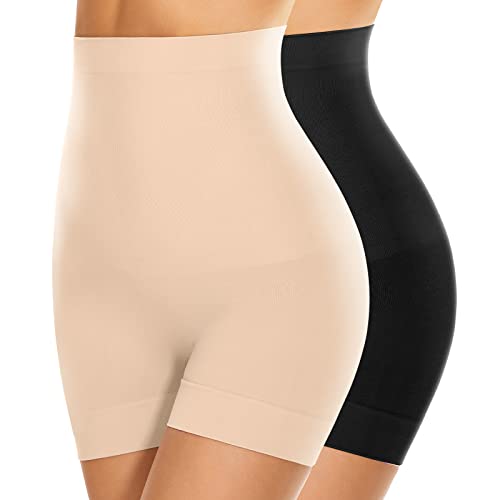 SIMIYA Bauchweg Unterhose Damen Hohe Taille Shapewear Leichte Bauchkontrolle Nahtlose Miederhose Leggings Kurze Figurformende Miederpants Unter Kleid Kurze Unterwäsche (Schwarz+ Beige, L) von SIMIYA