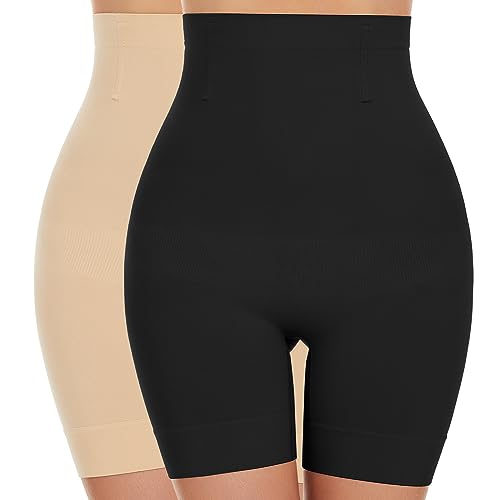 SIMIYA Bauchweg Unterhose Damen Hohe Taille Shapewear Nahtlose Miederhose mit Bein Figurenformend Miederpant Baumwolle Unterwäsche Hose unter Kleid Kurze Shorts(Schwarz + Beige, 3XL) von SIMIYA