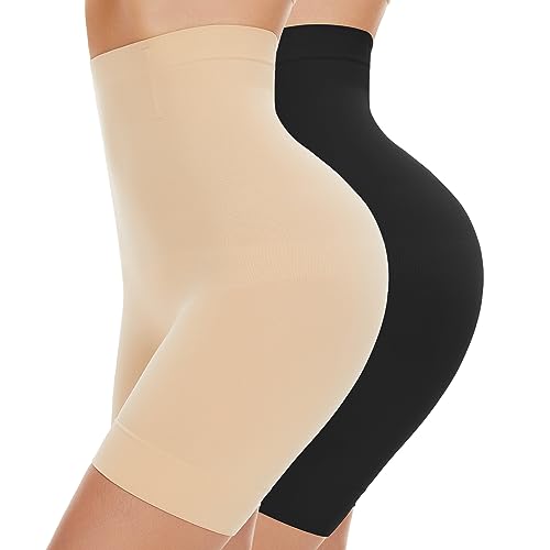SIMIYA Bauchweg Unterhose Damen Hohe Taille Shapewear Nahtlose Miederhose mit Bein Figurenformend Miederpant Baumwolle Unterwäsche Hose unter Kleid Kurze Shorts(Schwarz + Beige, S) von SIMIYA