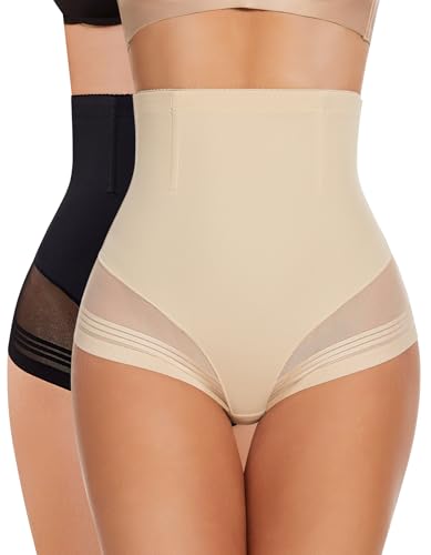SIMIYA Bauchweg Unterhose Damen Shapewear Bauch Weg Miederhose Hoher Taille Miederslip Unterbauch Kontrolle Body Shaper für Frauen (Schwarz+Beige,XL) von SIMIYA