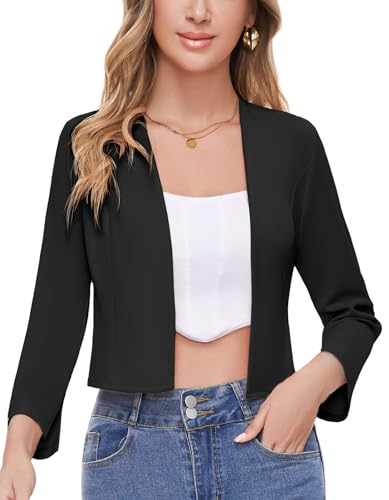 SIMIYA Blazer Damen Elegant, Kurz 3/4 Ärmel Blazer für Damen Slim Fit Blazer Büro Arbeit Keine Knöpfe(Schwarz,M) von SIMIYA