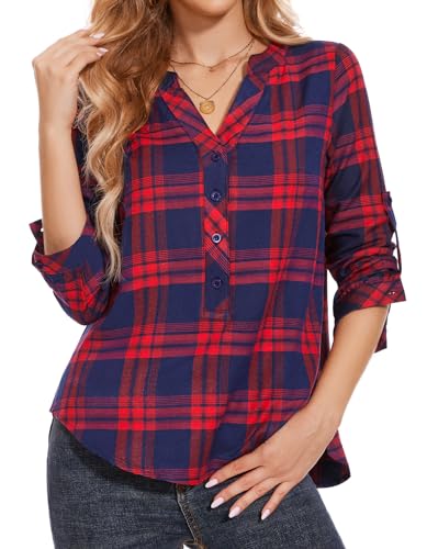 SIMIYA Bluse Damen Kariertes Elegant 3/4 Ärmel V-Ausschnitt Hemdbluse Oberteile Tunika Damenblusen Lässiges Button-Down Hemd Damen Lose Langarmshirt Oberteile Tops, Größe S-3XL(Rot, L) von SIMIYA