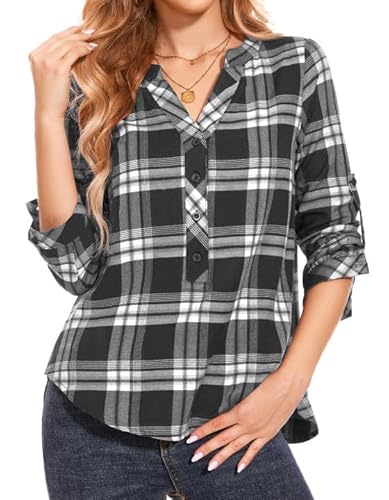 SIMIYA Bluse Damen Kariertes Elegant 3/4 Ärmel V-Ausschnitt Hemdbluse Oberteile Tunika Damenblusen Lässiges Button-Down Hemd Damen Lose Langarmshirt Oberteile Tops, Größe S-3XL（Schwarz,M） von SIMIYA