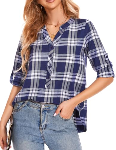 SIMIYA Bluse Damen Kariertes Elegant 3/4 Ärmel V-Ausschnitt Hemdbluse Oberteile Tunika Damenblusen Lässiges Button-Down Hemd Damen Lose Langarmshirt Oberteile Tops, Größe S-3XL(Navy blau, 3XL) von SIMIYA