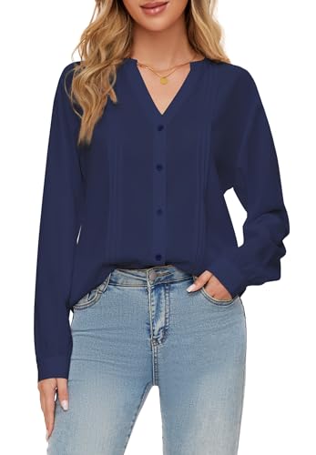 SIMIYA Bluse Damen Langarm V-Ausschnitt Oberteile Damen Einfarbig Tunika Hemdbluse Damen Lässiges Button-down Hemd Damen Lose Langarmshirt Oberteile Tops（Navy Blau，XXL） von SIMIYA