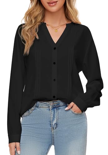 SIMIYA Bluse Damen Langarm V-Ausschnitt Oberteile Damen Einfarbig Tunika Hemdbluse Damen Lässiges Button-down Hemd Damen Lose Langarmshirt Oberteile Tops（Schwarz，L） von SIMIYA