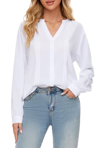 SIMIYA Bluse Damen Langarm V-Ausschnitt Oberteile Damen Einfarbig Tunika Hemdbluse Damen Lässiges Button-down Hemd Damen Lose Langarmshirt Oberteile Tops（Weiß，L） von SIMIYA