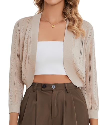 SIMIYA Strickjacken für Damen Kurz, Bolero Damen Festlich, Leichte Strickjacke Elegant 3/4 Ärmel Cardigan Damen Kurz(Khaki,M) von SIMIYA