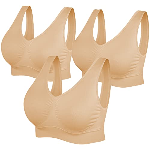 SIMIYA BH Damen ohne Bügel gepolstert Bustier Damen große Brüste Schlaf BH Push up Sport BH Bralette (3 Stück Beige,XL) von SIMIYA