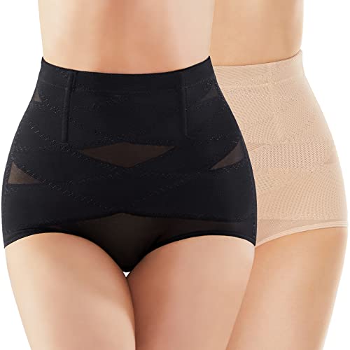 SIMIYA Damen Shapewear Unterhose Bauchweg Miederhose hoher Taille Unterwäsche Bauchkontrolle Miederpant weicher und bequemer Body Shaper für Frauen (Schwarz+ Beige, L) von SIMIYA