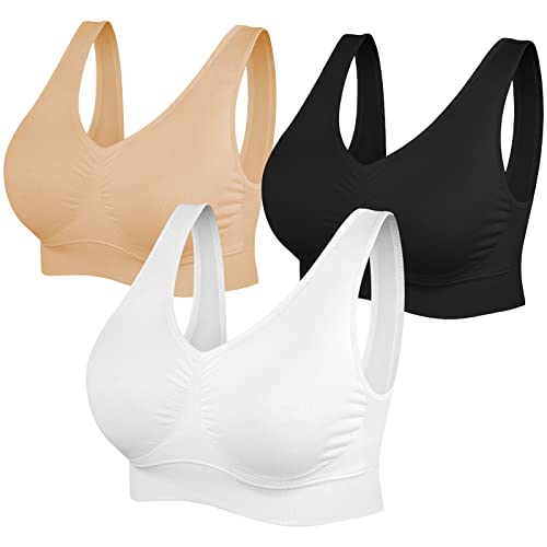 SIMIYA BH Damen ohne Bügel gepolstert Bustier Damen große Brüste Schlaf BH Push up Sport BH Bralette (Schwarz+weiß+beige,M) von SIMIYA