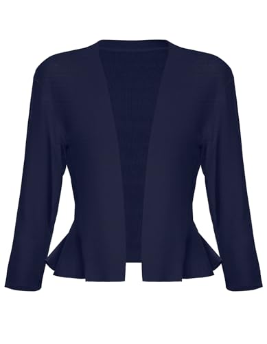 SIMIYA Damen Strickjacke Rüschensaum Kurze Bolero, 3/4 Ärmel Festlich Elegant Cardigan, Strickmantel, weicher Strickblazer mit Offener Vorderseite (Marine Blau, L) von SIMIYA