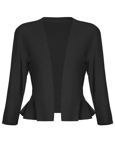 SIMIYA Damen Strickjacke Rüschensaum Kurze Bolero, 3/4 Ärmel Festlich Elegant Cardigan, Strickmantel, weicher Strickblazer mit Offener Vorderseite (Schwarz, M) von SIMIYA