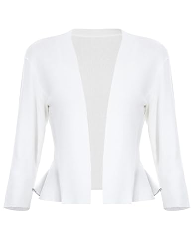 SIMIYA Damen Strickjacke Rüschensaum Kurze Bolero, 3/4 Ärmel Festlich Elegant Cardigan, Strickmantel, weicher Strickblazer mit Offener Vorderseite (Weiß, M) von SIMIYA