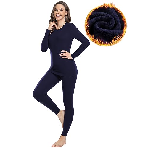 SIMIYA Damen Thermounterwäsche Extra Warm Flausch Set, Winter Wärmer/Extra warm Thermo oberteil & Thermohose Leggings Funktionsunterwäsche Sets Base Layer für Täglich, Sport, Ski,Marineblau,M von SIMIYA