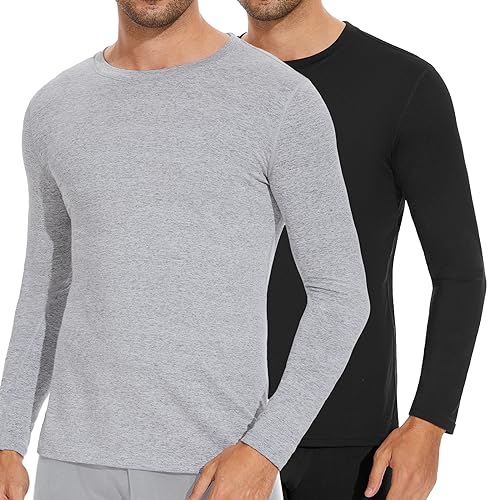 SIMIYA Herren Thermounterwäsche Oberteile Langarm Winter Innenfleece Thermoshirt Longsleeve Funktionsunterwäsche Warm Unterwäsche Männer Rundhalsausschnitt Weich Unterhemd(Schwarz+Hellgrau,M) von SIMIYA