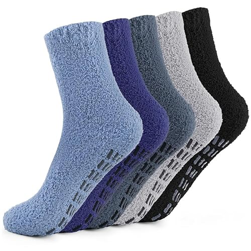 SIMIYA Kuschelsocken Herren Antirutsch 5 Paar, Warme Stoppersocken Bettsocken Plüschsocken Hausschuhsocke Rutschfeste Flauschige Socken 43-46 (Blau) von SIMIYA