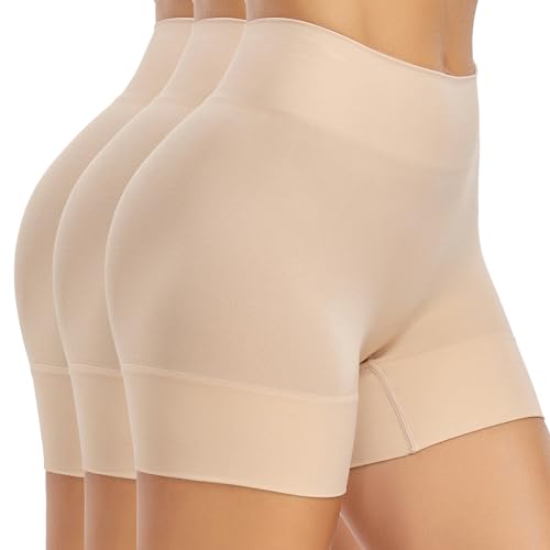 SIMIYA Radlerhose Damen Kurz Unterhosen Unter Kleid Shorts High Waist Kurze Hose Nahtlose Hotpants Sommer Boxershorts Slip Shorts 3er Pack，Beige，L von SIMIYA