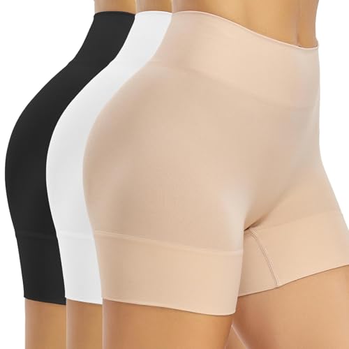 SIMIYA Radlerhose Damen Kurz Unterhosen Unter Kleid Shorts High Waist Kurze Hose Nahtlose Hotpants Sommer Boxershorts Slip Shorts 3er Pack，Schwarz+Beige+Weiß，L von SIMIYA