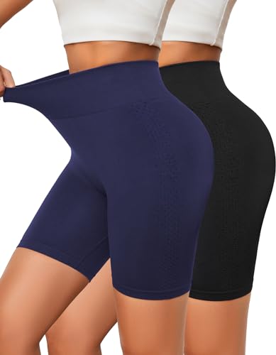 SIMIYA Radlerhose Damen Kurz mit atmungsaktivem Loch Sport Shorts Nahtlos Sporthose Kurz Leggings Hohe Taille Hotpants Workout Shorts für Yoga Gym, Schwarz + Marineblau,XL von SIMIYA