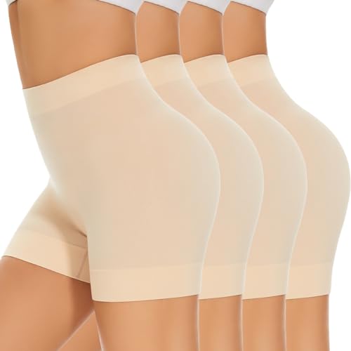 SIMIYA Radlerhose Damen Kurze Shorts Unter Kleid Rock Anti Scheuern Hotpants Kurze Leggings Damen Boxershorts Bequem Elastisch Unterhosen für den Alltag 4er Pack,Beige,L von SIMIYA