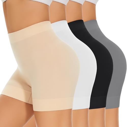 SIMIYA Radlerhose Damen Kurze Shorts Unter Kleid Rock Anti Scheuern Hotpants Kurze Leggings Damen Boxershorts Bequem Elastisch Unterhosen für den Alltag 4er Pack,Schwarz+Weiß+Beige+Grau,2XL von SIMIYA