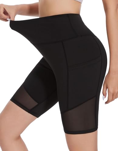 SIMIYA Radlerhose Damen Kurze Sporthose Leggings High Waist Mesh Gespleißtes Bein Sportshorts Doppelte Taschen für Yoga Gym（Schwarz-Mesh Gespleißtes，S） von SIMIYA