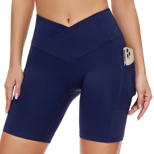 SIMIYA Radlerhose Damen Sporthose Kurze Leggings High Waist mit Tasche Unterhosen V-förmiges Design Sommer für Yoga Gym（Blau V-förmiges，L） von SIMIYA