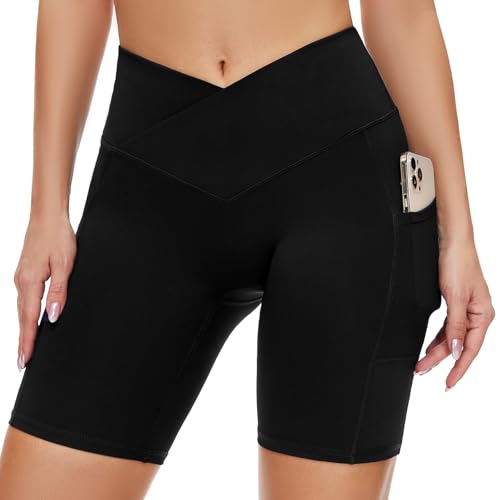 SIMIYA Radlerhose Damen Sporthose Kurze Leggings High Waist mit Tasche Unterhosen V-förmiges Design Sommer für Yoga Gym（Schwarz V-förmiges，M） von SIMIYA