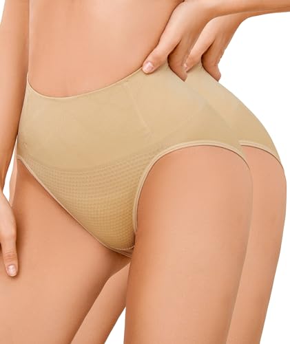SIMIYA Shapewear Damen Bauchweg Unterhose Slips Bauchkontroll String Tanga Miederhose Hohe Taille Miederpants Elastisch Body Shaper Höschen Nahtlose Unterwäsche Formender(2*Beige,L) von SIMIYA