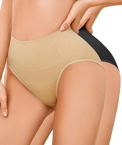 SIMIYA Shapewear Damen Bauchweg Unterhose Slips Bauchkontroll String Tanga Miederhose Hohe Taille Miederpants Elastisch Body Shaper Höschen Nahtlose Unterwäsche Formender(Schwarz+Beige, L) von SIMIYA