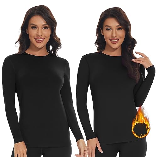 SIMIYA Thermo Unterhemd Damen Thermoshirt Langarm Thermounterwäsche Thermo Oberteil Warme Unterwäsche Winter Thermal Base Layer mit Innenfleece,2 Pack Schwarz,L von SIMIYA
