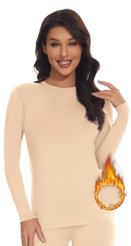 SIMIYA Thermo Unterhemd Damen Thermoshirt Langarm Thermounterwäsche Thermo Oberteil Warme Unterwäsche Winter Thermal Base Layer mit Innenfleece,Beige,M von SIMIYA