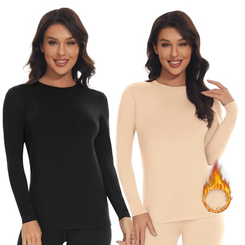 SIMIYA Thermo Unterhemd Damen Thermoshirt Langarm Thermounterwäsche Thermo Oberteil Warme Unterwäsche Winter Thermal Base Layer mit Innenfleece,Schwarz+Beige,2XL von SIMIYA