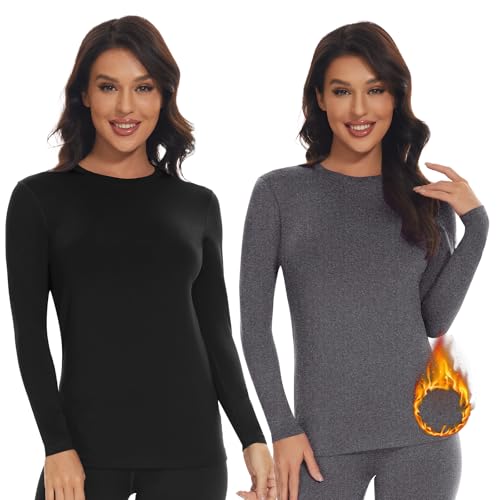 SIMIYA Thermo Unterhemd Damen Thermoshirt Langarm Thermounterwäsche Thermo Oberteil Warme Unterwäsche Winter Thermal Base Layer mit Innenfleece,Schwarz+Grau,M von SIMIYA