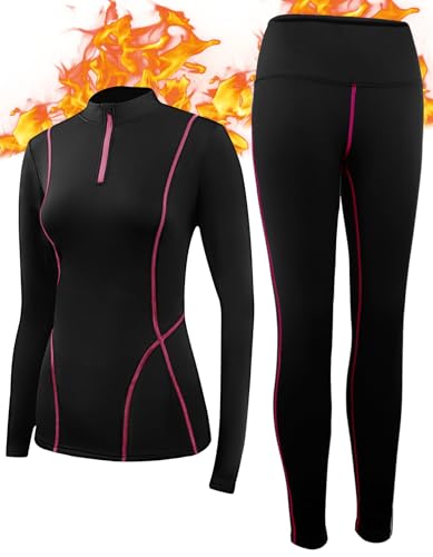 SIMIYA Thermounterwäsche Damen, Skiunterwäsche Funktionsunterwäsche Set Extra Warm und Atmungsaktiv Thermo Unterwäsche Damen mit Reißverschluss für Winter(Schwarz Rosa,XXL) von SIMIYA