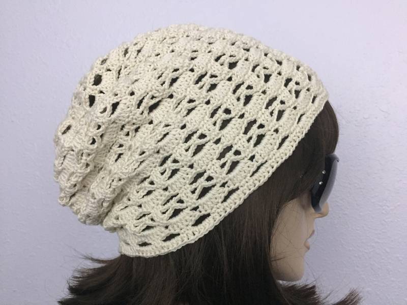 Frauen Häkeln Sommer-Hut-Frauen-Sommer-Slouchy Beanie in Off-White | Creme Baumwolle Frühling Hut Sommer-Mode von SIMPATICOUS