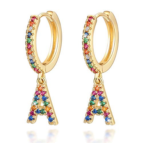 A Buchstaben Ohrringe Creolen Mädchen Damen Kinder 14K gold Regenbogen Zirkonia Anfängliche baumelnde Klein Huggie Ohrringe Schmuck von SIMPLGIRL