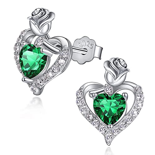 Geburtsstein Ohrringe 925 Sterling Silber Damen Herz Ohrringe Rose Blume Ohrstecker mit Cubic Zirkonia Mai Ohrringe Schmuck Muttertags Geschenke von SIMPLGIRL