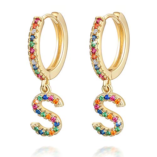 S Buchstaben Ohrringe Creolen Mädchen Damen Kinder 14K gold Regenbogen Zirkonia Anfängliche baumelnde Klein Huggie Ohrringe Schmuck von SIMPLGIRL