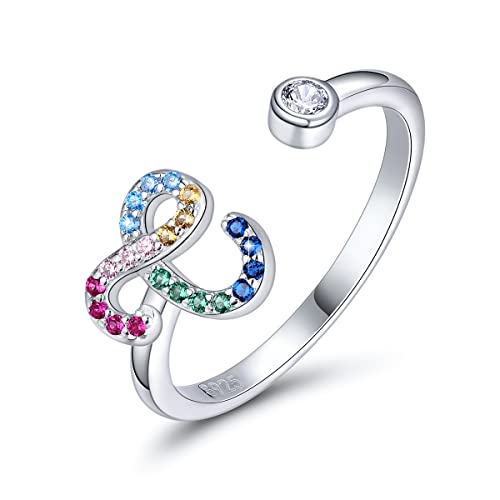 SIMPLGIRL Initial Ringe 925 Sterling Silber Buchstaben Ringe Verstellbarer Regenbogen Alphabet Ring mit Farbiger Zirkonia für Damen Mädchen, Initial Buchstabe C von SIMPLGIRL