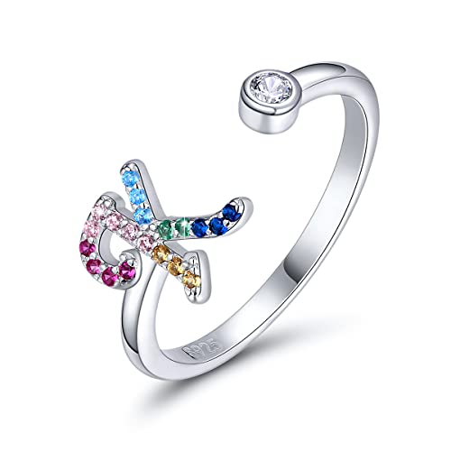 SIMPLGIRL Initial Ringe 925 Sterling Silber Buchstaben Ringe Verstellbarer Regenbogen Alphabet Ring mit Farbiger Zirkonia für Damen Mädchen, Initial Buchstabe K von SIMPLGIRL