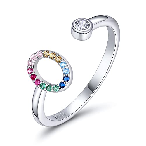 SIMPLGIRL Initial Ringe 925 Sterling Silber Buchstaben Ringe Verstellbarer Regenbogen Alphabet Ring mit Farbiger Zirkonia für Damen Mädchen, Initial Buchstabe O von SIMPLGIRL