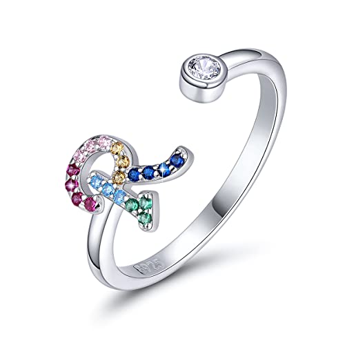 SIMPLGIRL Initial Ringe 925 Sterling Silber Buchstaben Ringe Verstellbarer Regenbogen Alphabet Ring mit Farbiger Zirkonia für Damen Mädchen, Initial Buchstabe R von SIMPLGIRL